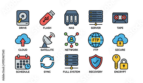 Backup and storage icons arranged in grid on white background