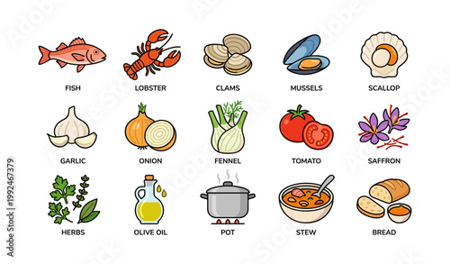 Seafood and cooking ingredient icons in grid on white