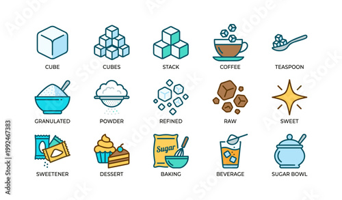 Sugar icons illustrating different forms and serving uses