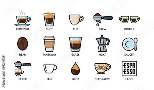 Coffee icons showing espresso variants and serving items