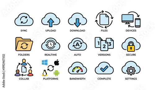 Cloud sync and file sharing icons arranged on white background