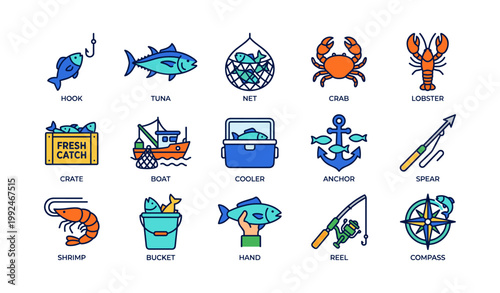 Fishing and seafood icons arranged in grid on white background