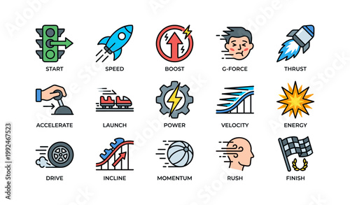 Icons of motion and speed depicting acceleration on white background