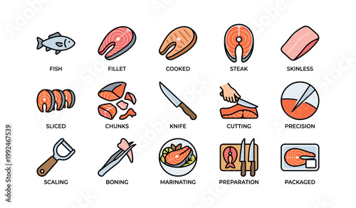 Salmon and fish processing icons showing cuts and tools