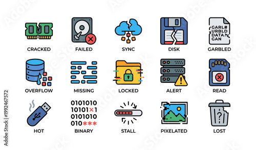 Icons showing corrupted data and storage states on white background