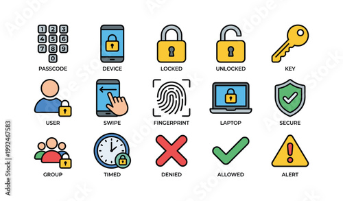 Icons showing authentication and access control on white background