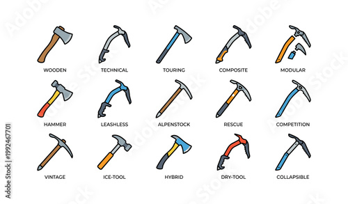 Collection of ice axes and hammers displayed on white background