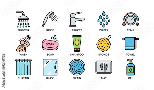 Bathroom icons showing shower and hygiene items on white background
