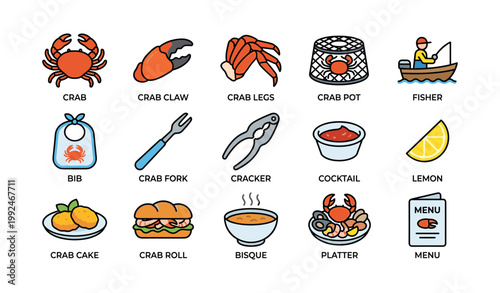 Crab and seafood icons labeled on white background grid