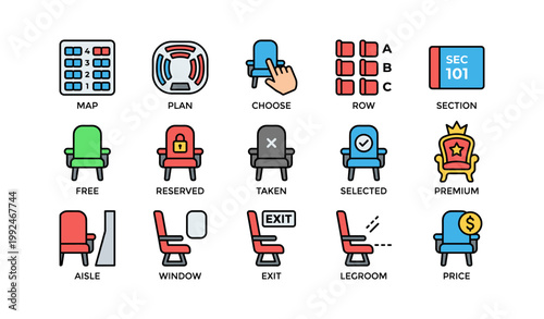 Seating icons showing booking and seat status in grid layout