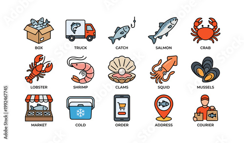 Seafood icons showing products and delivery in grid layout