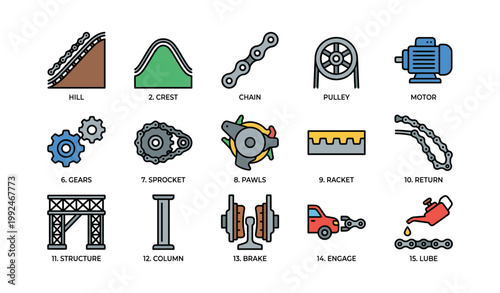 Mechanical and chain part icons labeled on white background