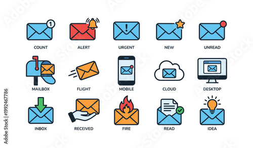Email and mailbox icons labeled and arranged on white background