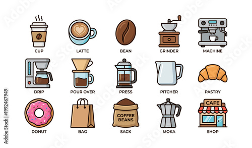 Coffee and bakery icons showing equipment and menu items