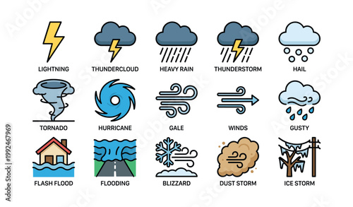 Weather and storm icons arranged in labeled grid on white