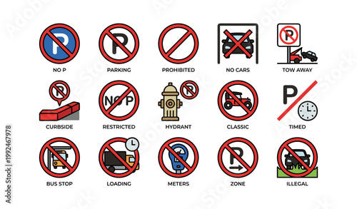 Parking restriction icons showing no parking rules and symbols