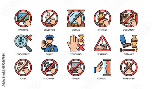 Museum no touching signs showing prohibited contact with artifacts