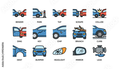 Car damage and accident icons arranged in grid on white background