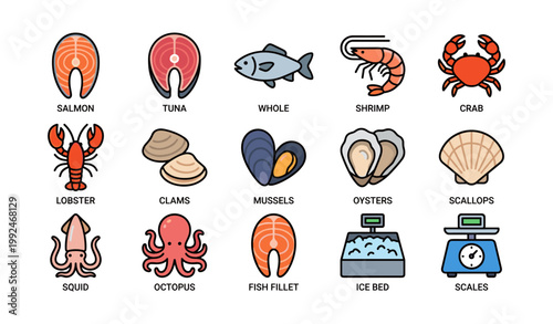 Seafood items arranged as icons with labels on white background