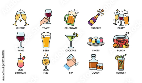 Assorted beverage icons showing drinks and party symbols