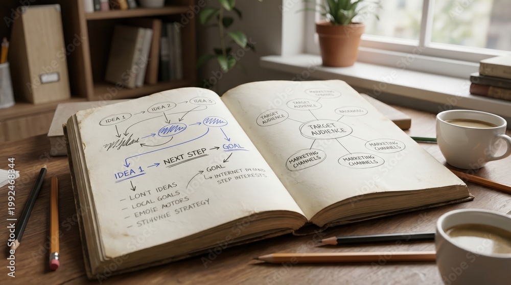 Fototapeta premium Notebook with Rough Sketches and Ideas on Desk