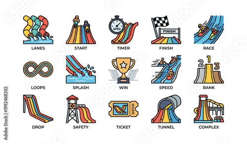 Water park slide and race icons showing lanes loops and attractions