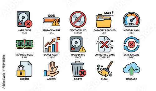 Storage and system alert icons for hard drive and memory issues