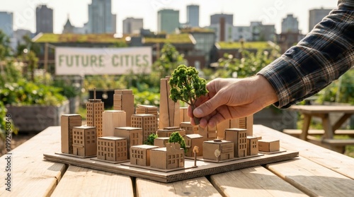 Hand placing a green tree over city model