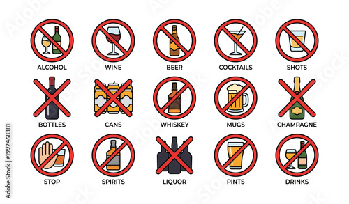 Alcohol prohibition icons showing banned drinks and containers