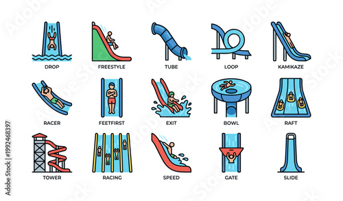 Waterpark slide and ride icons showing various slide types