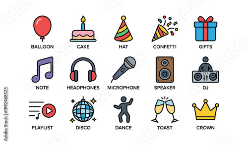 Celebration icons showing party and music symbols on white background