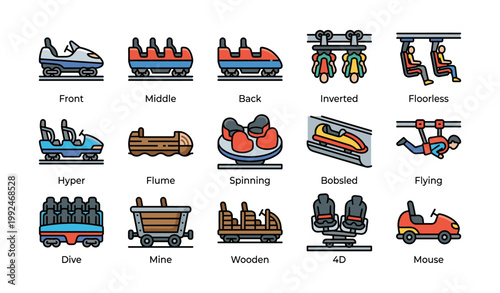 Various roller coaster and ride icons in grid on white background