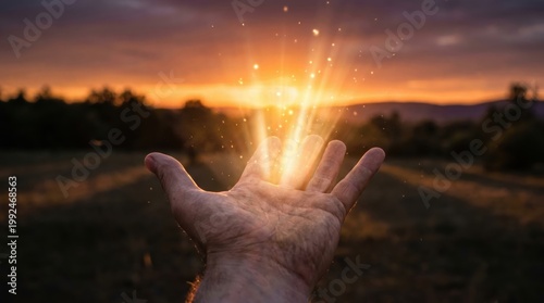 Open Palm with Golden Light Rays at Sunset