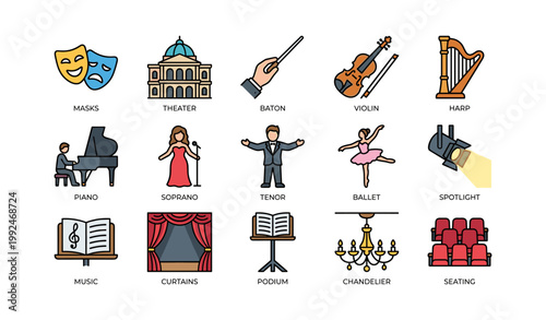 Performing arts and theater icons displayed on white background