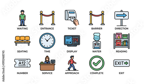 Queue and waiting icons showing tickets seating signs and display