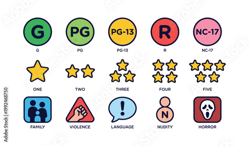 Rating and content advisory icons arranged on white background