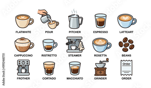 Coffee and barista icons arranged on white background