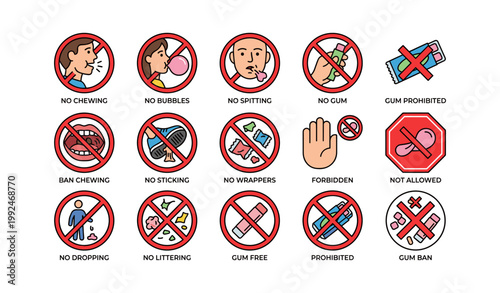 Prohibition icons banning chewing gum on white background