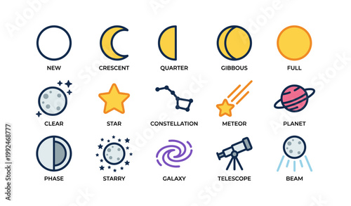Moon phase icons showing lunar stages and astronomy symbols on white