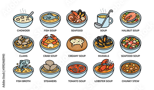 Bowls of various seafood soups and stews shown in grid