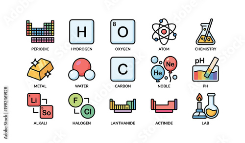 Periodic table and element icons arranged on white background