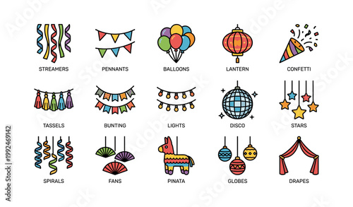 Party and decoration icons arranged in grid on white background