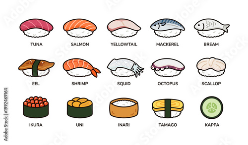 Sushi nigiri icons labeled with fish and ingredient names
