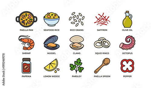 Paella and seafood ingredient icons arranged on white background