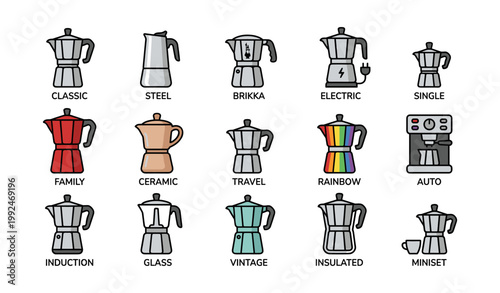 Moka pot and stovetop espresso icons arranged on white