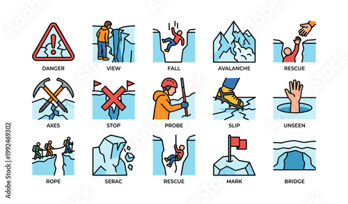 Mountain hazard and rescue icons with crevasse and ice on white