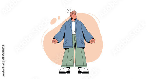 Cartoon man, confused expression, blue jacket, green pants, vector illustration, emotions, feelings, people