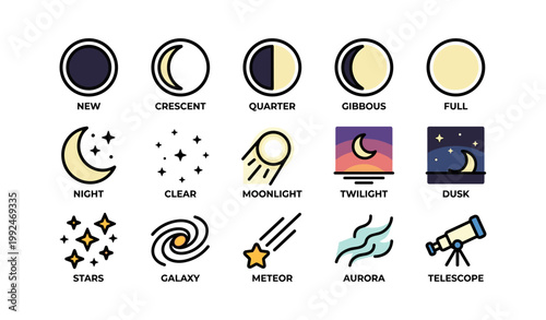 Moon phases and night sky icons arranged in a grid on white