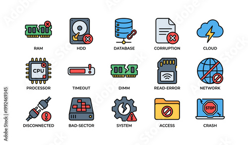 Computer hardware error icons arranged on white background
