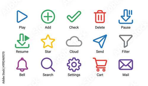 Colorful user interface icons for common controls on white background